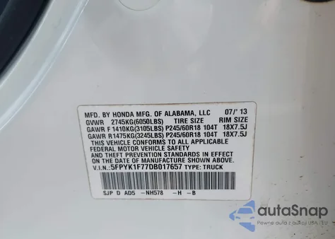 2013 Honda Ridgeline Sport from USA, damaged, VIN 5FPYK1F77DB017657